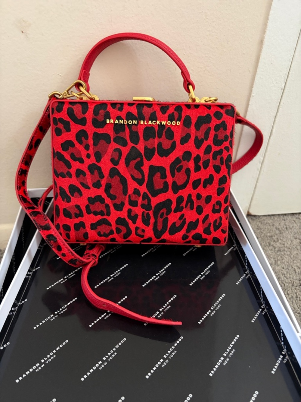 Brandon Blackwood Red and Black Leopard Print Crossbody Satchel